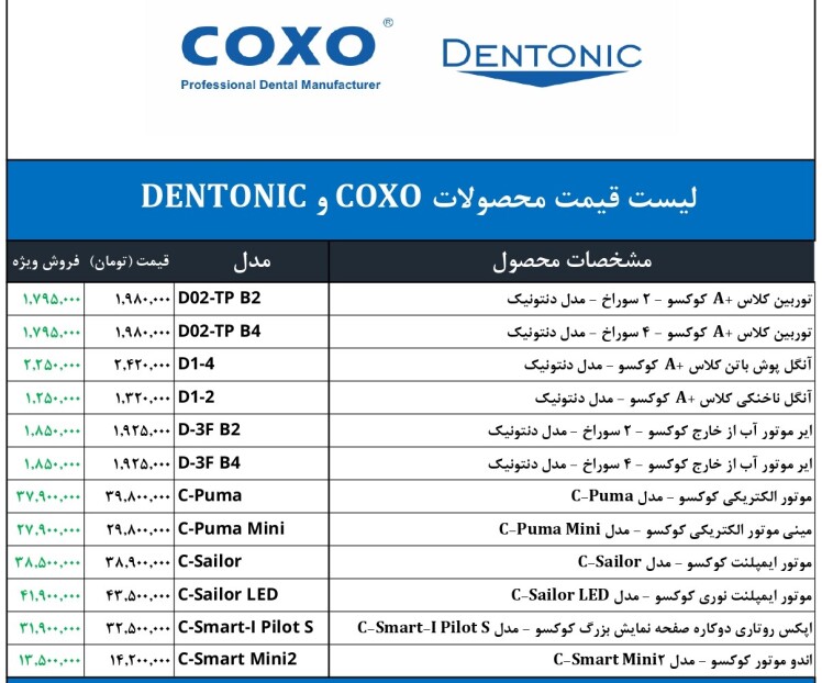 لیست قیمت تجهیزات دندانپزشکی کوکسو - COXO